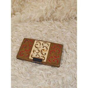 Vintage Yardley Brass Compact With Intricate Red & Gold Swirl Design